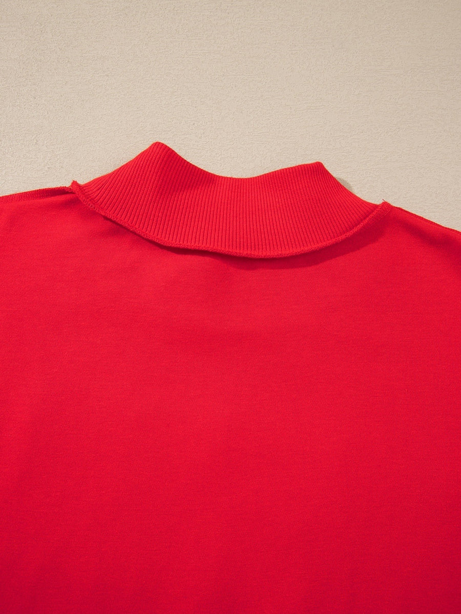 red sweatshirt with pullover and graphic print