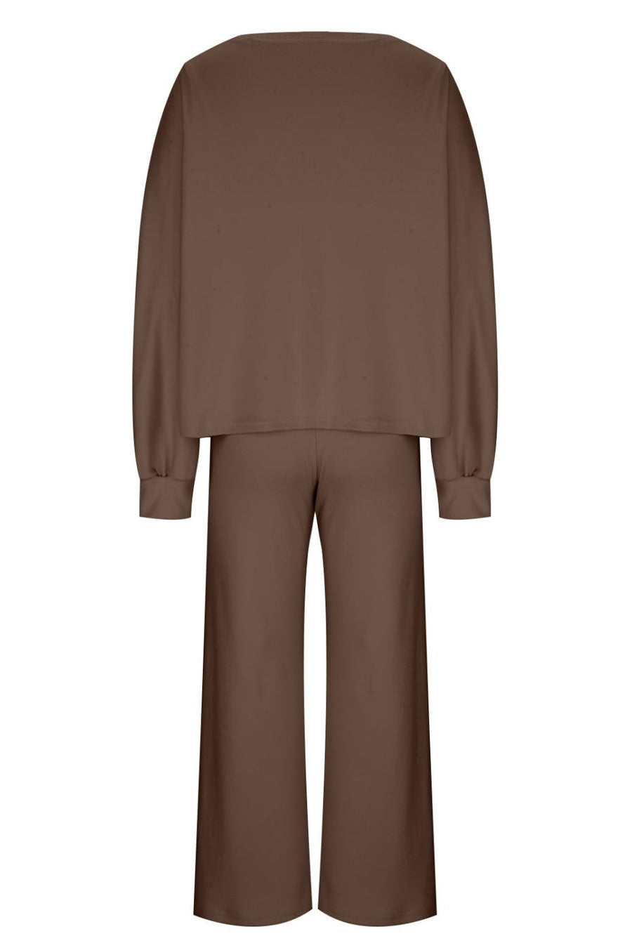 Brown wide-leg lounge set with balloon sleeves and crew neck top