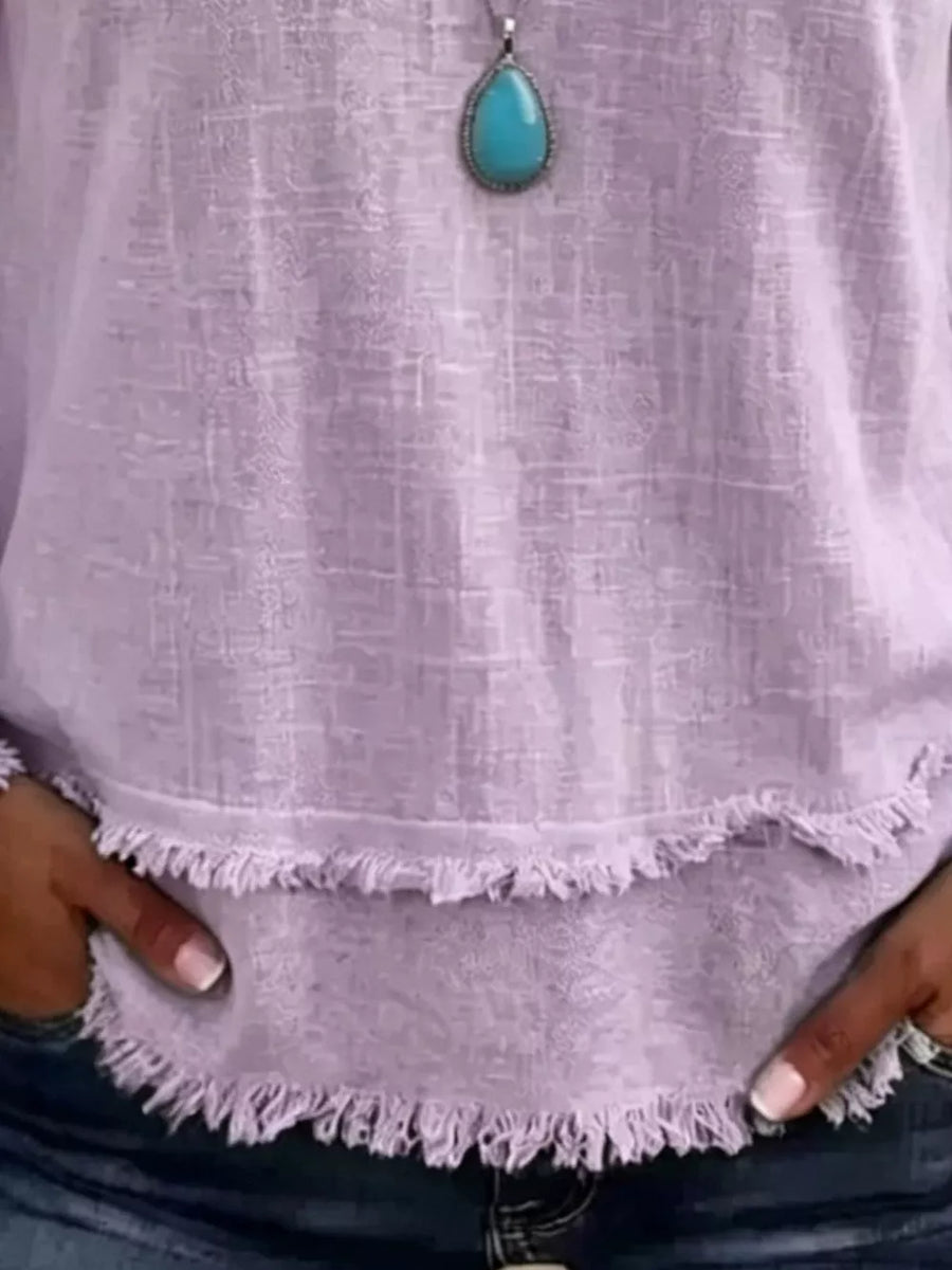 V-neck Long Sleeve Blouse With Frayed Hem in White with raw hem