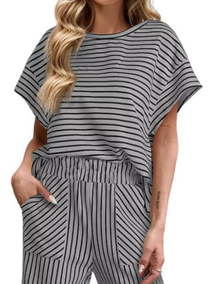 two-piece set featuring striped in Light Green with 100% polyester Care instructions: Machine wash cold texture
