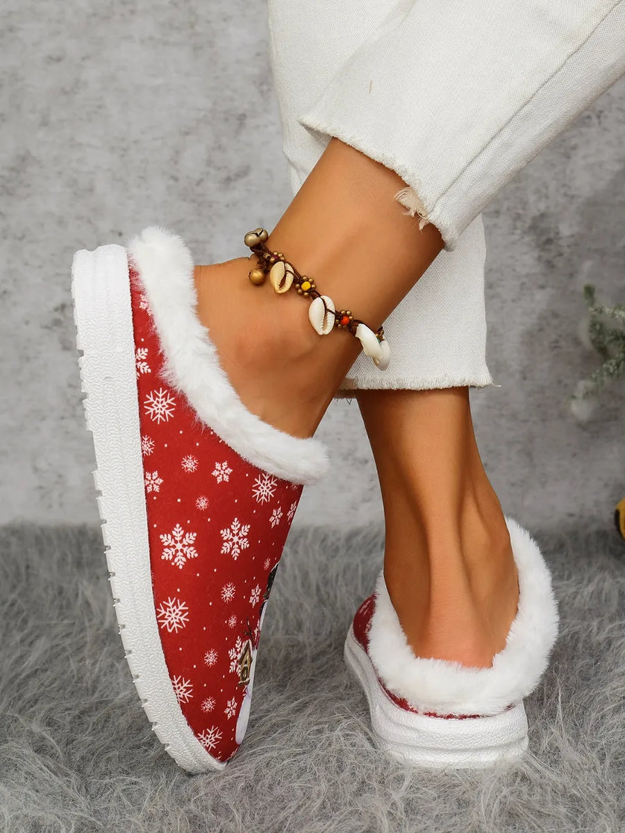 Red sherpa lined holiday slides with snowman and snowflake print