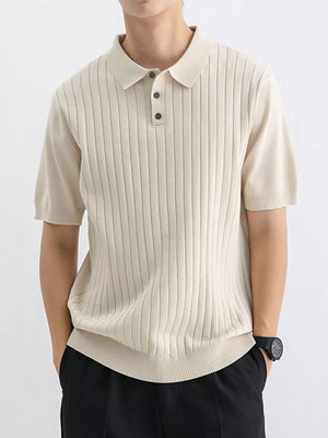 Apricot ribbed knit polo shirt for men with short sleeves and a classic collar.