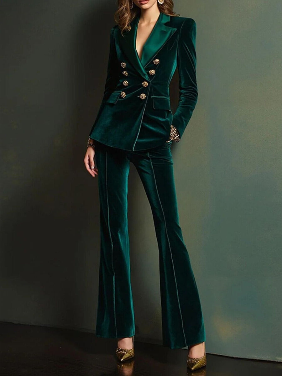 blazer and pant set in deep green featuring double-breasted and fitted fit