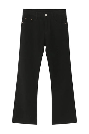 Black denim flare trousers with a vintage wash and button fly.