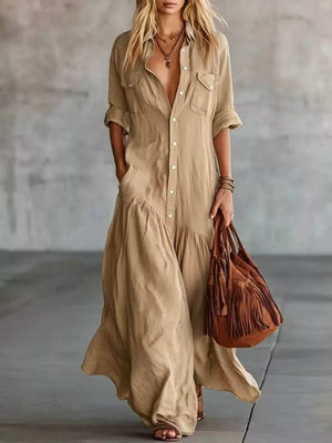 Khaki Button Front Roll-up Sleeve Maxi Dress Plus Size
