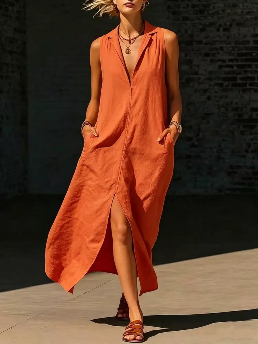 maxi dress in rust featuring pocketed and A-line fit