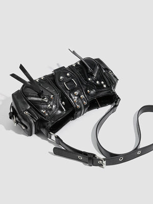 Y2k Rivet Embellished Patent Leather Shoulder Bag in black with rivet embellishment