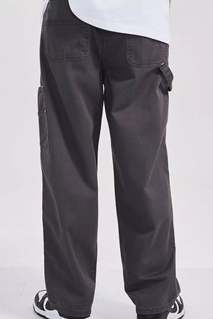 Relaxed fit dark gray cargo sweatpants with utility details and back pockets.