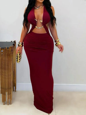 maxi dress in burgundy featuring backless and bodycon fit