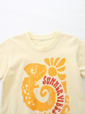 Cream cotton baby tee with orange chameleon and sun graphic.