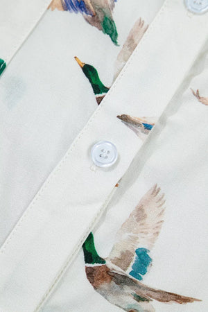 Mallard Printed Button Flap Pocket Shirt in White with button-front
