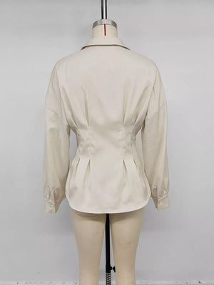 Ruched Button-up Peplum Shirt in Apricot, view 13