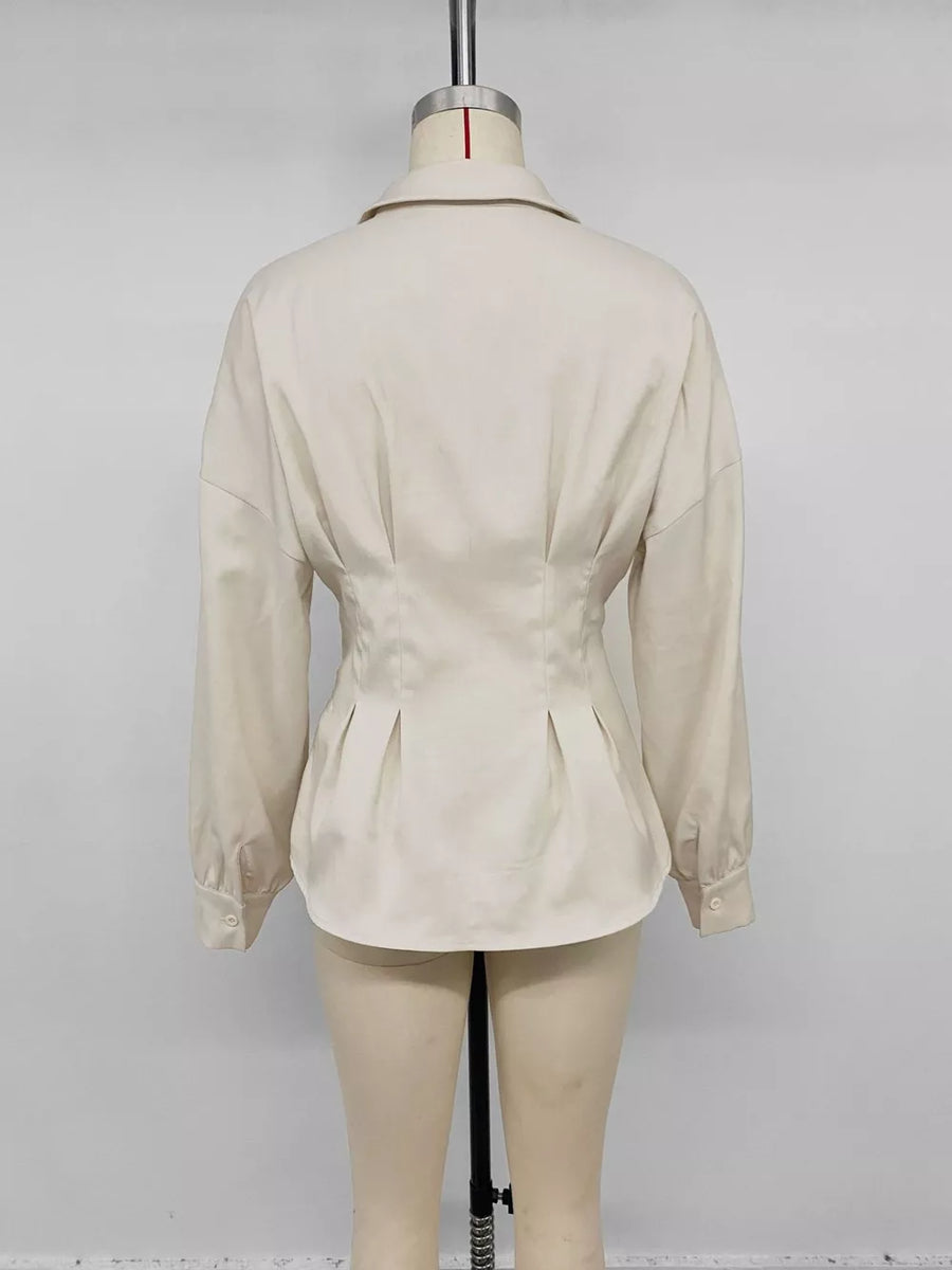 Ruched Button-up Peplum Shirt in Apricot, view 13
