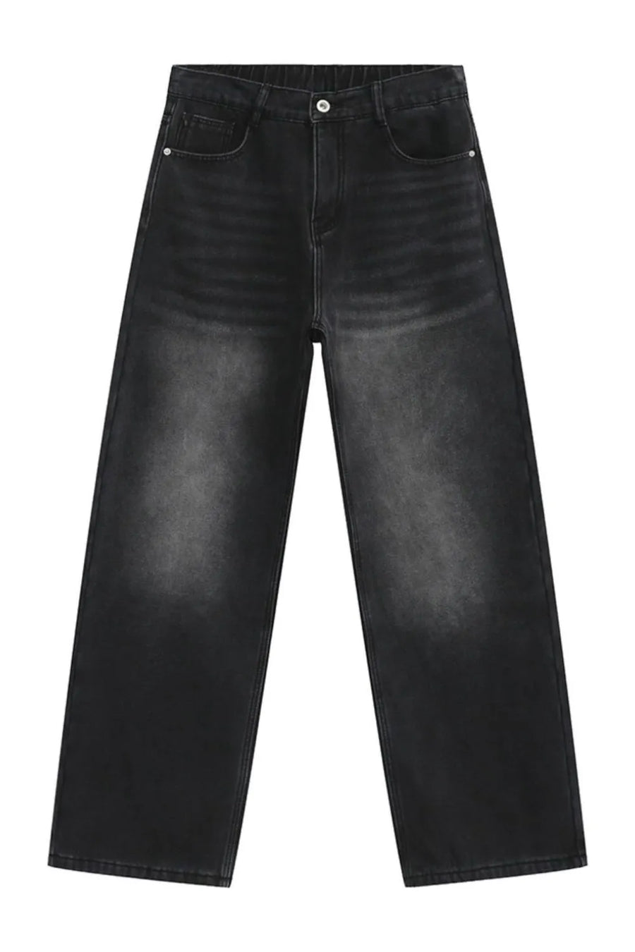 Wide-leg jeans in dark gray denim with a relaxed, baggy fit and faded details.