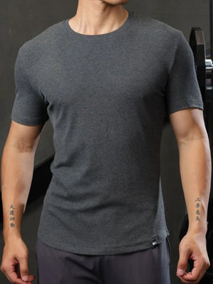 Sculpted ribbed crewneck tee for him in dark gray, short sleeves, crew neck.