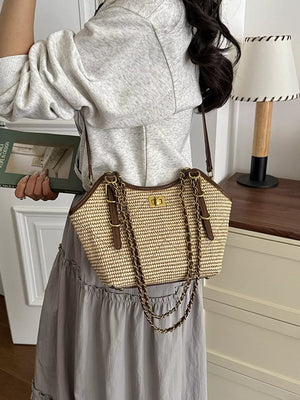 crossbody bag featuring geometric in light tan with PU Leather, Straw weaving Imported Size & texture