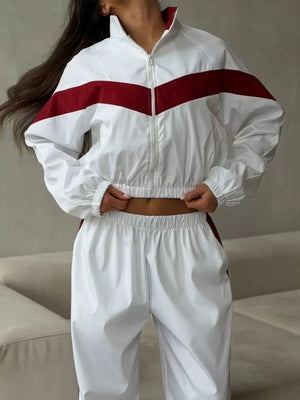 Color Block Zip Up Outerwear And Pants Set in Khaki with elastic waist