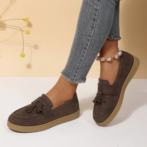 Tassel Suede Loafers With Flat Sole in black with tassels