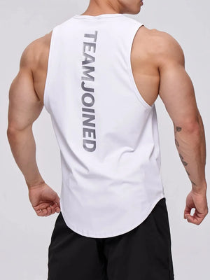 White performance tank top with vertical TEAMJOINED graphic on back.