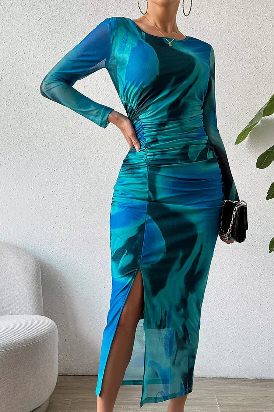 Ruched Tie-dye Midi Dress With High Slit option 6