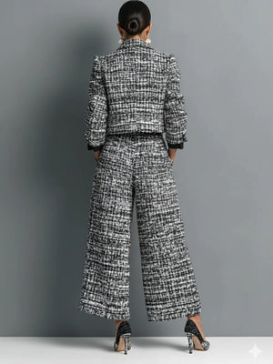 white jacket and pants set featuring buttoned and tweed