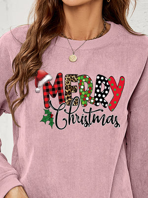 Textured corduroy sweatshirt in Dusty Pink with Merry Christmas graphic, Santa hat, and holly.
