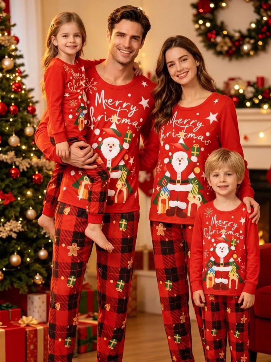 red pajama set with plaid and crew neck
