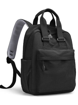 Black mini Oxford cloth backpack with top handles and breathable mesh strap detail.