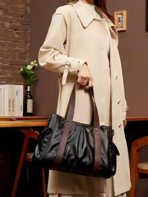 PU Leather Medium Tote Handbag in black with pleated