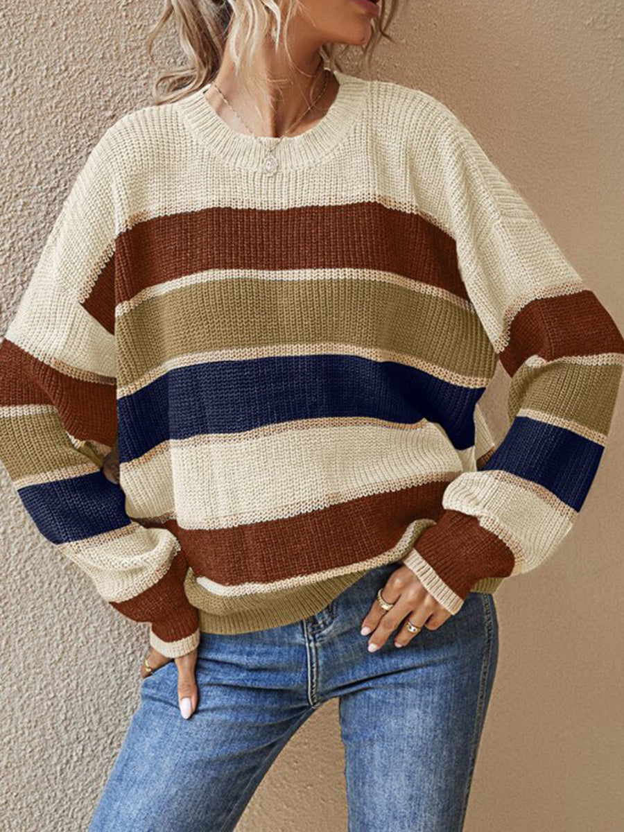 ivory crewneck sweater with striped and crew neck