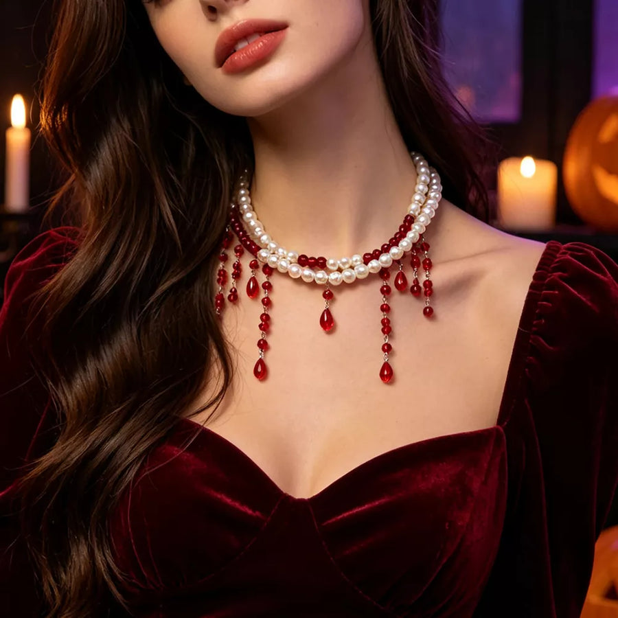 Synthetic Pearl,Alloy,Resin Care instructions: Avoid wearing during exercise, as choker necklace in deep red with choker