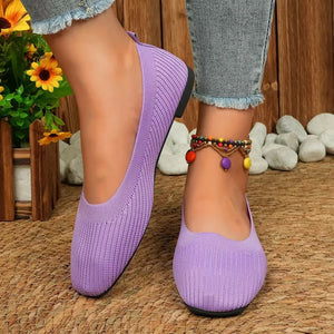 Knit square toe flats in Pink Purple with a ribbed texture.