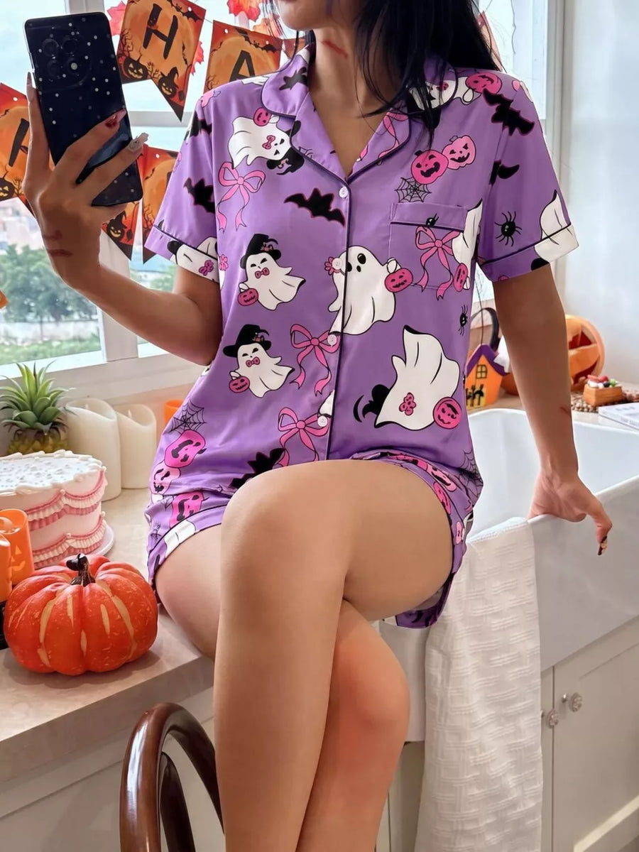 Pink pajama set with button-front and Halloween print