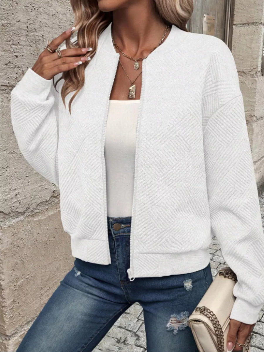 Textured Knit Zip-up Bomber Jacket in White