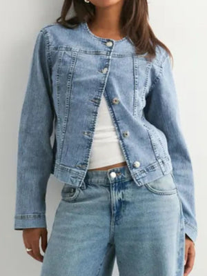 Button-down denim jacket with seam detailing and collarless neckline.