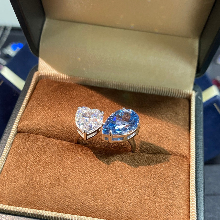 Heart And Teardrop Dual-Stone 925 Sterling Silver Ring in blue with adjustable