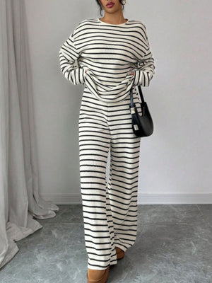 black Top and Pants Set featuring waffle-knit and striped