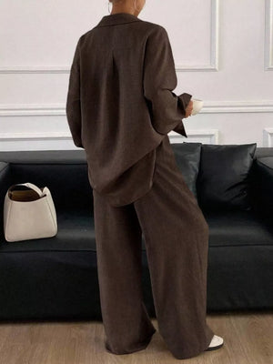 100% polyester Care instructions: Machine wash cold two-piece set in Chocolate with relaxed silhouette