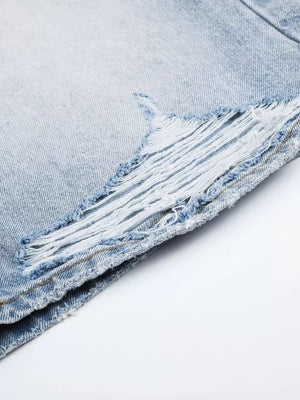 Men's High-waisted Distressed Denim Capris in Blue with distressed