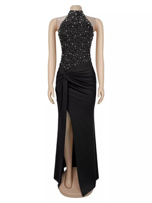 black maxi dress with slit and sleeveless