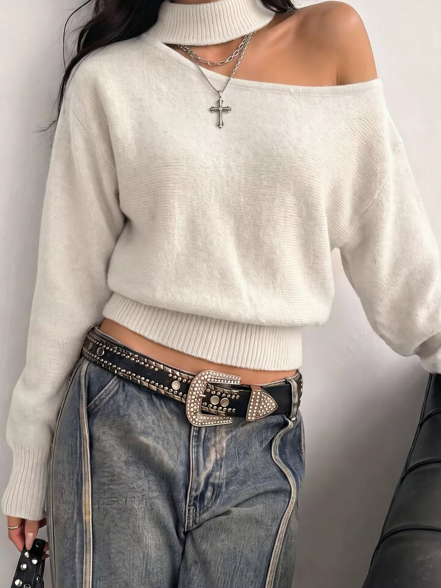 modern pullover sweater in Gray with mock neck with cutout