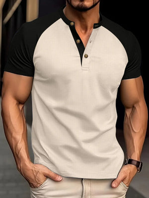 Contrast raglan henley polo shirt in beige with black sleeves and button neck