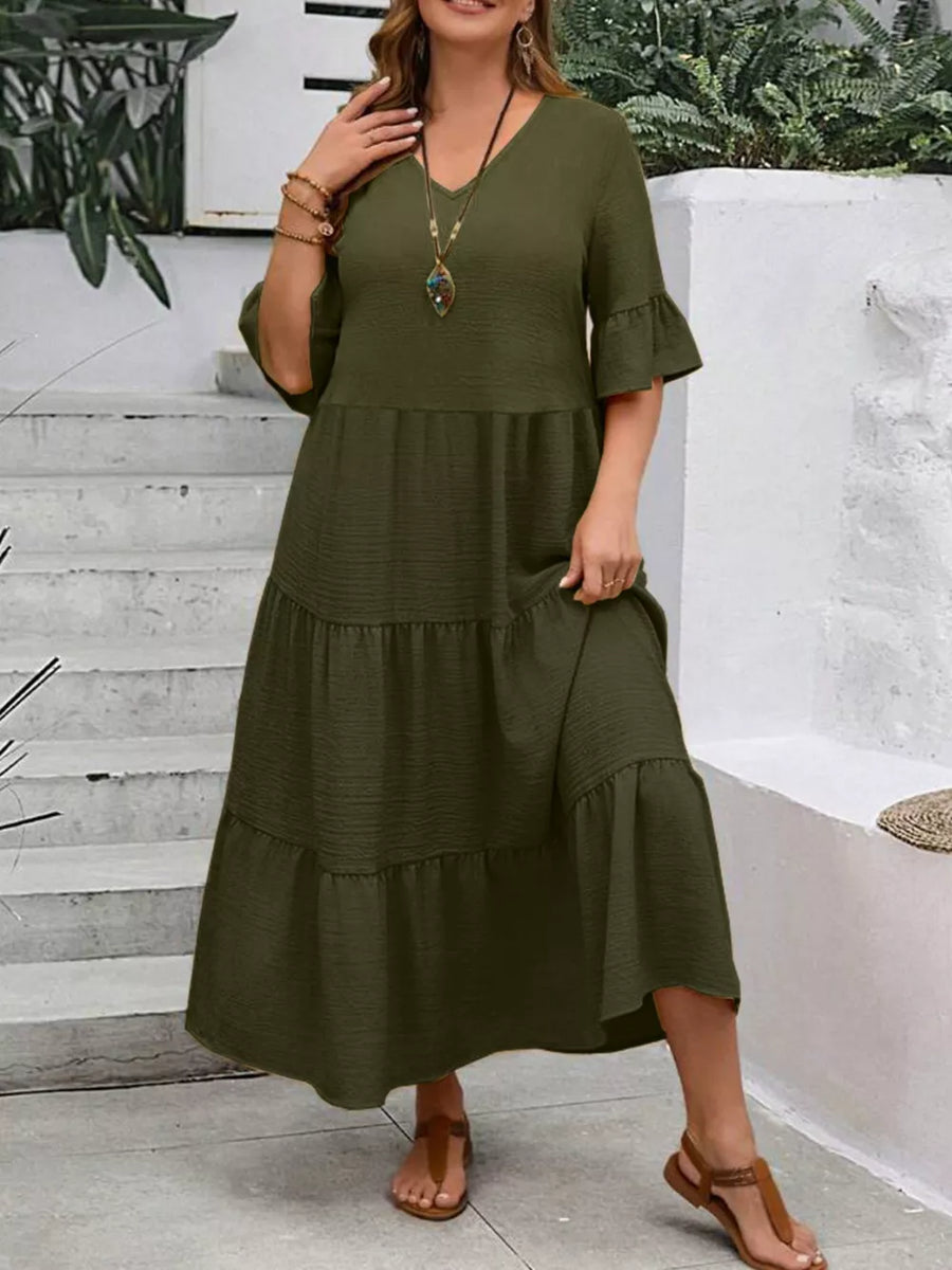 Army green crinkled midi dress with tiered skirt and ruffle sleeves