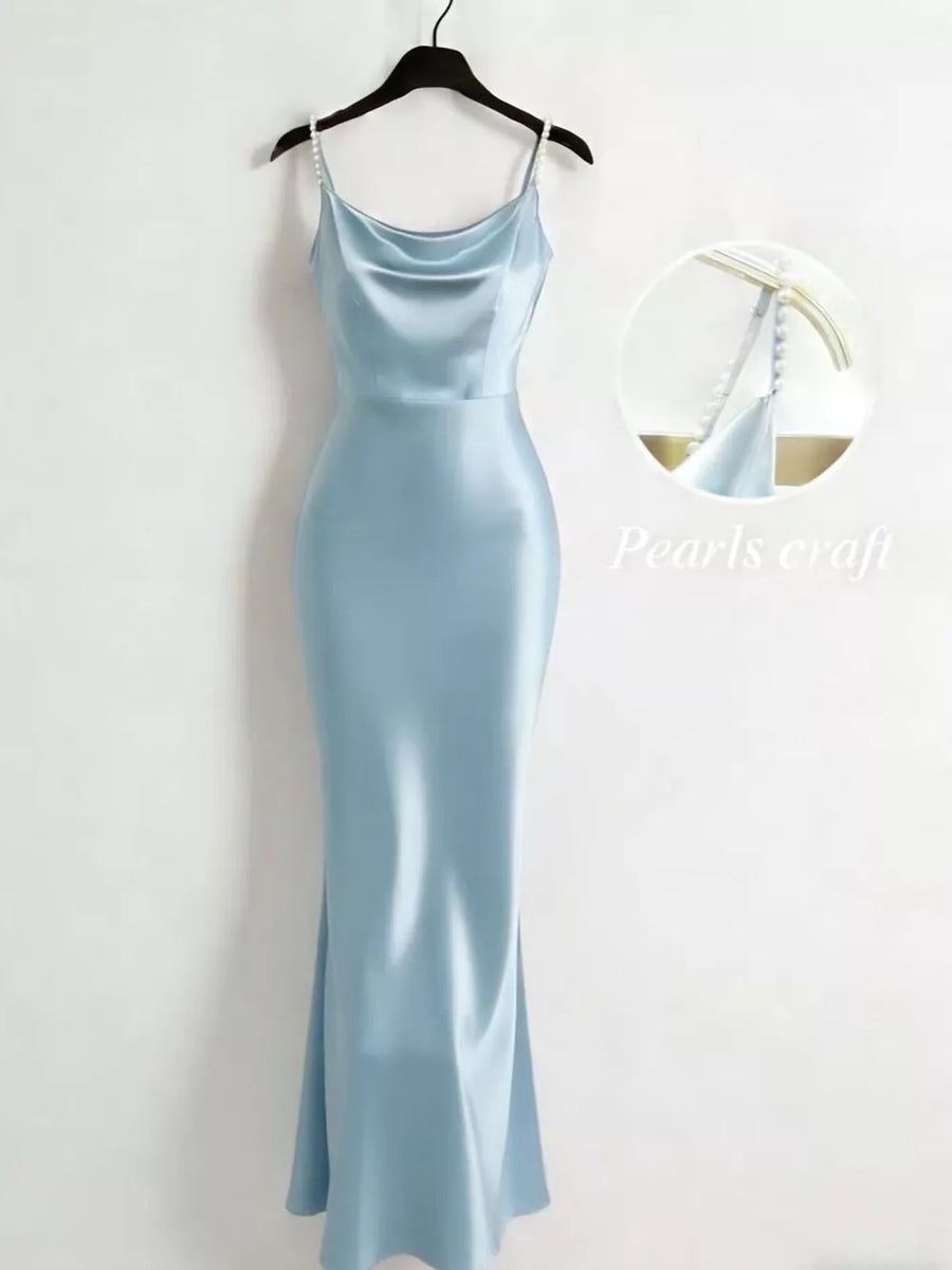 Light blue satin cowl neck maxi dress with pearl straps.