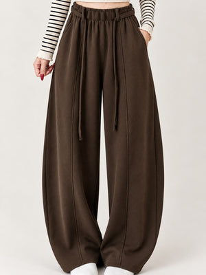 High-Waisted Drawstring Wide-Leg Casual Pants in Light Gray-Tall with adjustable