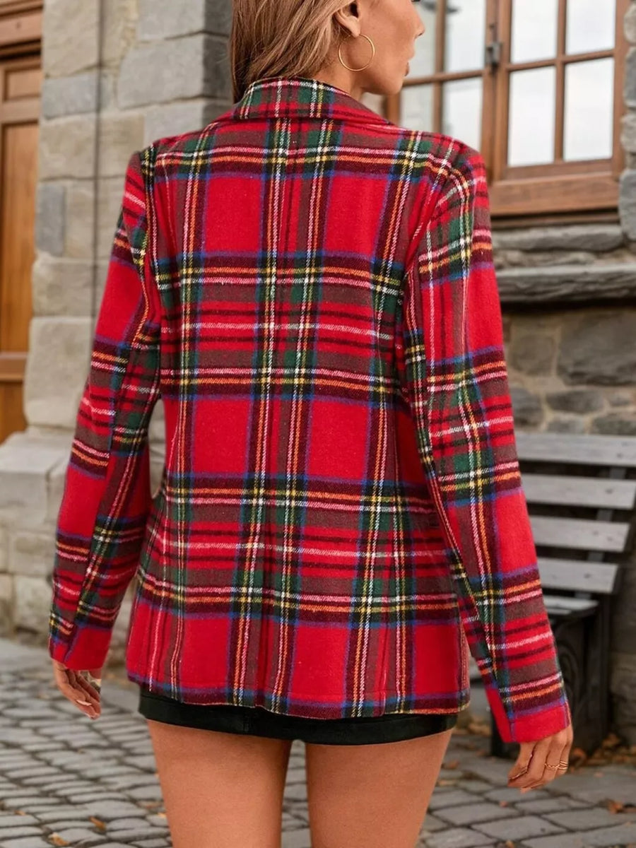 Red plaid single-button blazer with a classic fit, shown from the back.