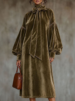 olive green midi dress with damask and tie-neck