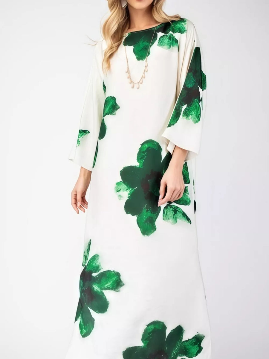 Floral Print Round Neck Dress in Green