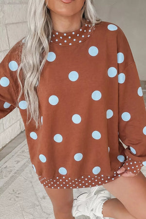 rust brown sweatshirt with polka dot and crew neck