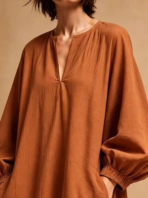 Casual Loose-Fit Balloon Sleeve Mini Dress in Dusty Pink with pocketed